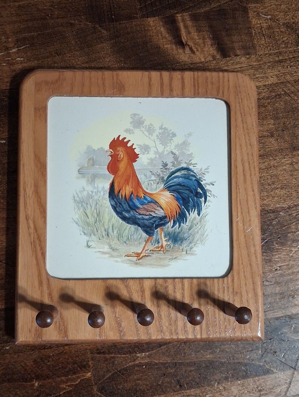 Rooster Wall Hook Plaque in Natural Wood and Multi-Color